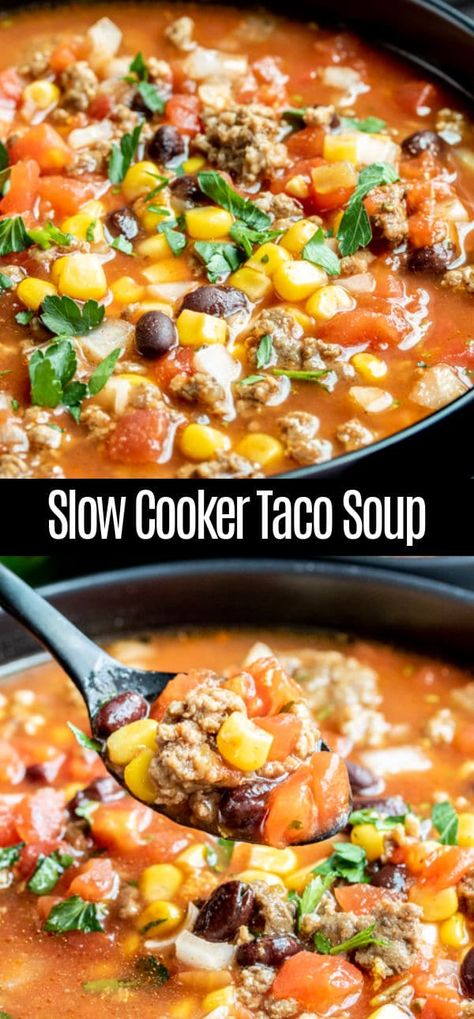 This slow cooker taco soup is one of the best comfort foods for the summer, fall, or winter. Loaded with ground beef, black beans, taco seasoning, and ranch dressing mix, topped with sour cream, and cheese, and scooped up on tortilla chips. This is the BEST Crock Pot taco soup. Serve it on game day or as an easy weeknight dinner for families. Crock Pot Taco Soup, Slow Cooker Taco Soup, Slow Cooker Taco, Black Beans And Corn, Beans And Corn, Taco Soup Crock Pot, Winter Meals, Crock Pot Tacos, Taco Soup Recipe