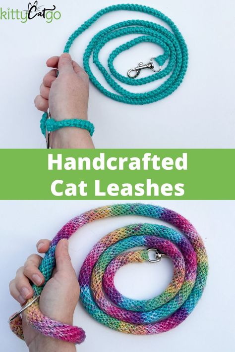 Looking for the perfect leash for your adventure cat? Our handmade leashes are durable and stylish, and come in a variety of colors and lengths. They are ready to hold up against all your cat's wild adventures. Click to SHOP NOW! Crochet Cat Harness, Best Cat Harness, Kitten Harness, Cat Backpack Carrier, Living With Dogs, Adventure Cat, Cat Crochet, Cat Leash, Goth Earrings