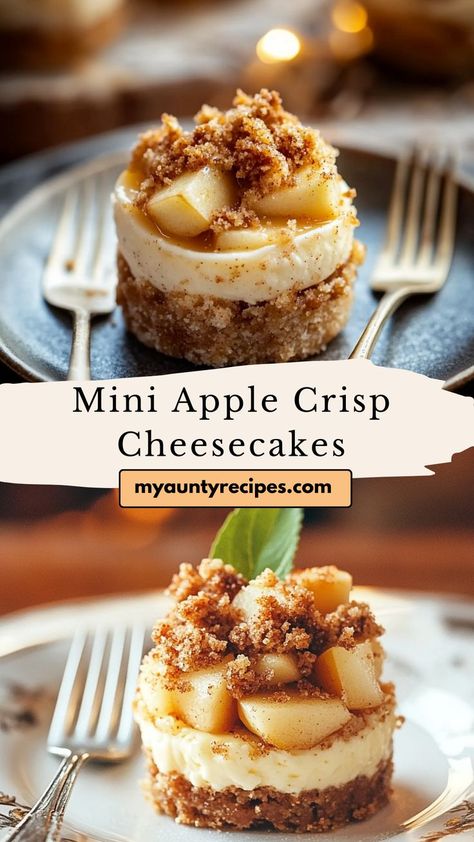 Apple Crisp Cheesecake Bites bring together creamy cheesecake, spiced apple, and an oat crumble in mini form. Perfect for fall recipes, these single-serving treats are ideal for parties or family gatherings. They capture the essence of apple crisp in a delicious, handheld dessert. Mini Cheesecake Apple Crisp, Individual Apple Dessert Recipes, Apple Crumble Cheesecake Cupcakes, Apple Crisp Bites Recipe With Oats, Carmel Apple Mini Cheesecakes, Apple Crisp Cheesecake Bites, Mini Apple Crumble Cheesecake, Cheesecake Apple Crisp, Apple Pie Mini Cheesecake