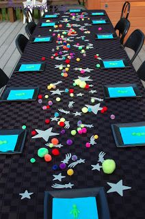 Planet Party, Rocket Party, Glow In The Dark Stars, Alien Party, Astronaut Party, Dark Stars, Black Tablecloth, Space Theme Party, Outer Space Party