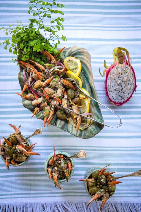 MARINATED CRAB CLAWS - Mississippi Magazine Marinated Crab Claws Recipe, Marinated Crab Claws, Crab Claw Recipes, Marinated Crab, Crystal Hot Sauce, Caper Berries, Creole Mustard, Champagne Vinegar, Prepared Horseradish