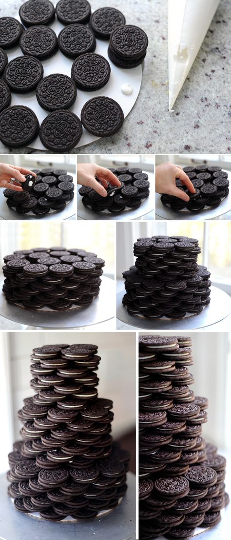 Hot Chocolate Party: Stacked Oreo Cake and Homemade Marshmallows Cookie Tower, Oreo Cookie Cake, Hot Chocolate Party, Cake Oreo, Decorator Frosting, Chocolate Party, Homemade Marshmallows, Candy Party Favors, Party Deco