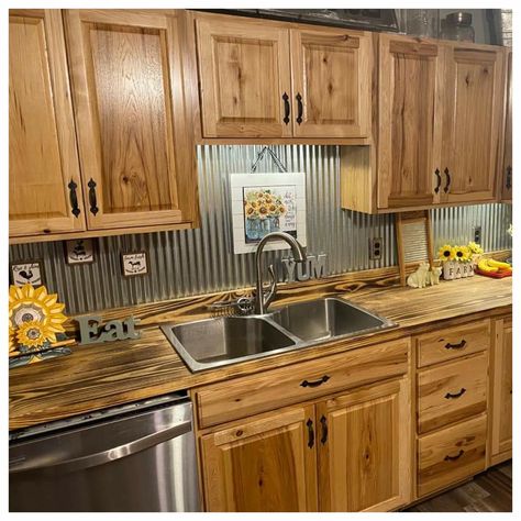 Tin In Kitchen, Butcher Block Countertops Tin Backsplash, Corrugated Metal Backsplash Kitchen, Corrugated Tin Backsplash, Teal Kitchen Walls, Rustic Trim, Kitchens Rustic, Metal Backsplash Kitchen, Tin Backsplash Kitchen