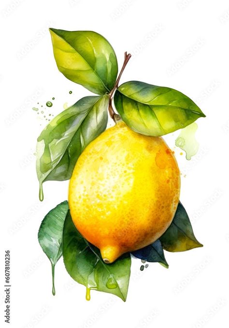 Lemon Art Paintings, Tree Branch Drawing, Watercolour Lemon, Lemon Illustration, Lemon Clipart, Branch Drawing, Watercolor Lemon, Lemon Art, Watercolor Fruit