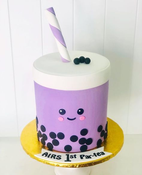 Boba 1st Par-Tea! 💜 . . . . #picoftheday #birthdaycake #sweets #cake #instacakes #fondant #icing #photography #bakery #foodie #bobatea… Boba Cakes Ideas, Bobba Tea Cake, Boba Cupcake Design, Boba 1st Birthday, Boba Tea Cake Ideas, Bubble Tea Cake Design, Boba Birthday Cake, Boba Cake Birthday, Boba Theme Cake