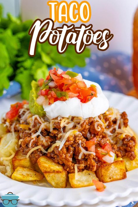 Taco Potatoes Shredded Beef Baked Potato, Meals With Fried Potatoes, Cheesy Beef Taco Potato Bowl, Loaded Taco Potatoes, Ground Beef In Crockpot Recipes, Mexican Cheesy Potatoes, Fast Easy Ground Beef Recipes, Taco Loaded Potato Bowl, Taco Potato Bowl