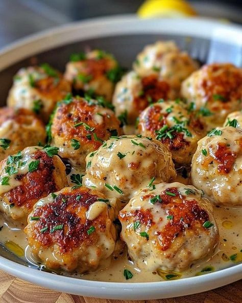 Barbara O'Neill Health Tips | 🍗 Garlic Butter Chicken Meatballs with Lemon Creamy Herb Sauce 🍋🌿 | Facebook Garlic Butter Chicken Meatballs, Butter Chicken Meatballs, Chicken Meatball Recipes, Herb Sauce, Garlic Butter Chicken, Chicken Meatballs, Ground Chicken, Butter Chicken, The Chicken