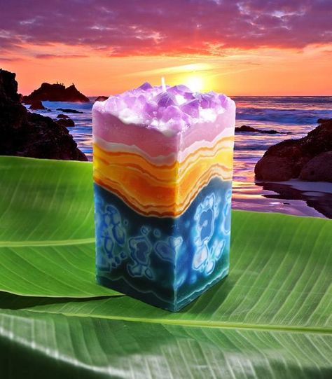 Sunset Celestine Crystal Geode Pillar Candle FREE SHIPPING! Geode Candle Holder, Celestine Crystal, Geode Candle, Agate Candle, Candle Fire, Velas Candles, Amber Candle, Flame Art, Amber Crystal