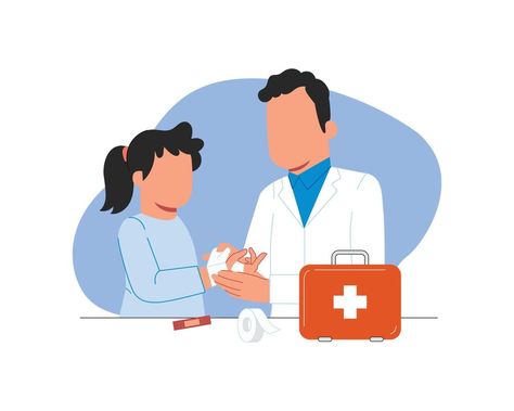 Vector illustration of a doctor and a little girl with a first aid kit First Aid Illustration, First Aid Poster, Illustration Kids, Wedding People, Aid Kit, Cityscape Photos, Logo Banners, First Aid Kit, Nature Backgrounds