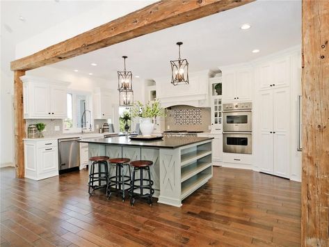 Love the beam and pillar Wood Beams Cased Opening, Kitchen Support Beam Ideas Open Concept, Open Concept With Support Beams, Ceiling Header Ideas, Room With Pillar, Interior Wood Columns, Wood Beam On Wall, Open Concept Kitchen Living Room With Support Beams, Beam To Separate Rooms