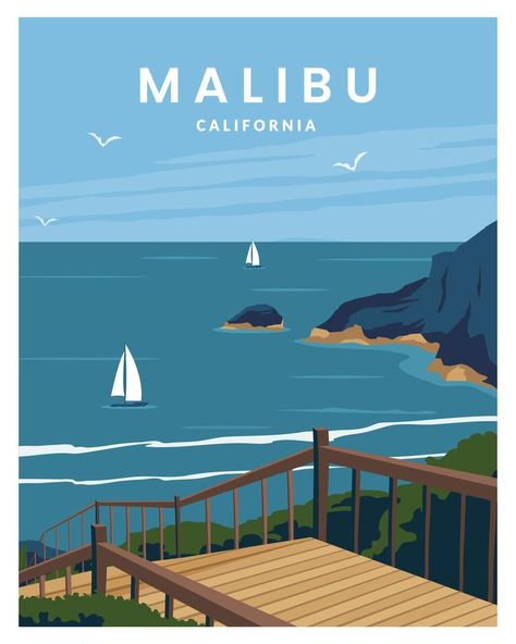 Malibu California beach poster landscape. vector illustration with minimalist style Landscape Vector Illustration, Vector Landscape, Poster Landscape, Landscape Vector, Beach Illustration, Minimalist Illustration, Cabin Art, Malibu Beaches, California Landscape