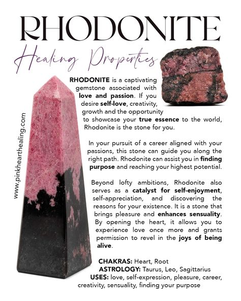 💗 Rhodonite 💗 Shop Rhodonite -->... - Pink Heart Healing | Facebook Crystal Grimoire, Witch Crystals, Best Healing Crystals, Rhodonite Crystal, Clear Energy, Heal Your Heart, Divine Purpose, Self Appreciation, Heart Healing