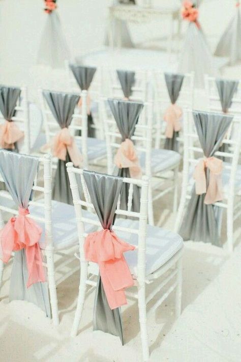 Grey and coral Wedding Chairs Diy, Coral Wedding Colors, Wedding Chair Decorations, Grey And Coral, Grey Wedding, Coral Wedding, Wedding Palette, Peach Wedding, Gray Weddings