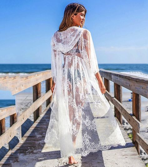 Trendy Beach Outfits, Lace Swimwear, Swimsuit Aesthetic, Lace Beach Dress, Outwear Women, Lace Kimono, Boho Kimono, Boho Lace, Long Kimono