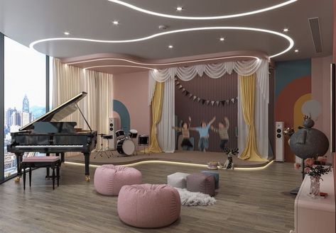 Kids Music Room, Modern Kids Room Design, Education Design Interior, Music Room Design, Kindergarten Interior, Kids Art Studio, Daycare Design, Graphic Design Interior, Kids Cafe