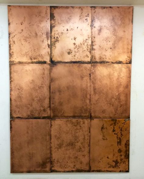 Copper Accent Wall, Tile Accent Wall, Dark Ceiling, Copper Wood, Aged Copper, Copper Sheets, Copper Accents, Neutral Walls, Copper Wall