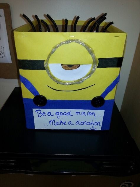 Minion donation box                                                                                                                                                                                 More Donation Boxes Ideas, Donation Box Decoration Ideas, Food Drive Box Decoration Ideas, Food Drive Boxes Ideas, Book Donation Box Ideas, Book Drive Box Ideas, Candy Donation Box Ideas Halloween, Can Food Drive Box Ideas, Candy Donation Box Ideas