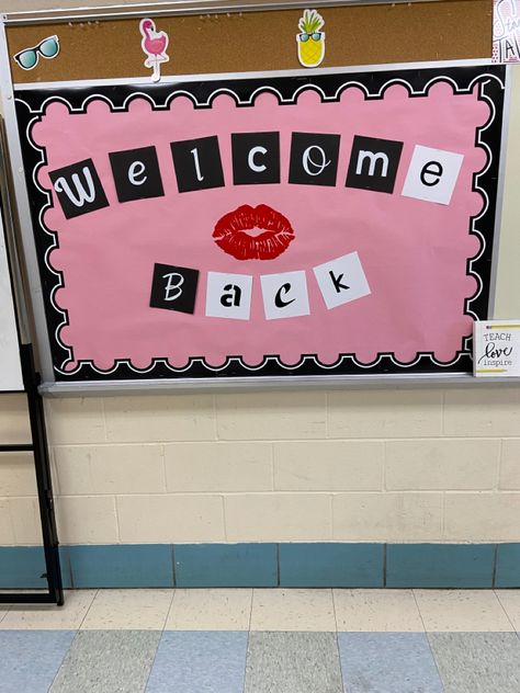 Pink Bulletin Board Classroom Decor, School Bulletin Boards Aesthetic, Welcome Back To School Posters Ideas, Y2k Bulletin Board, Barbie Bulletin Board Ideas, Mean Girls Bulletin Board, Pink Bulletin Board Ideas, Senior Door Decorations Ideas, Welcome Back Poster Ideas