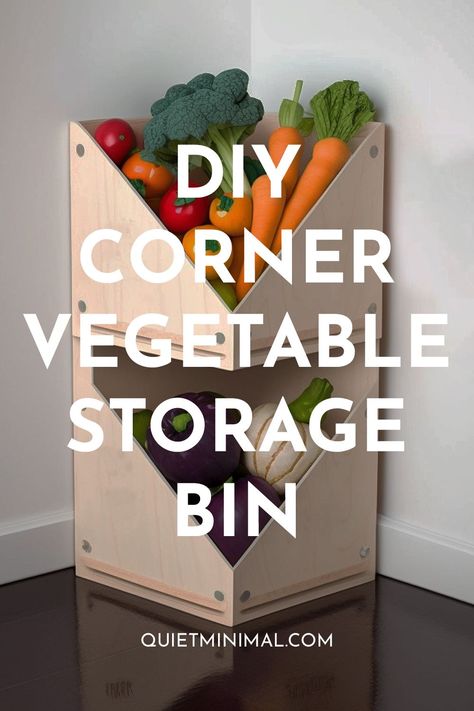 DIY corner vegetable storage bin Diy Corner Vegetable Storage Bin, Diy Vegetable Storage Bin, Veggie Storage, Wooden Storage Bins, Vegetable Storage Bin, Vegetable Storage Rack, Produce Bin, Minimalist Diy, Vegetable Rack