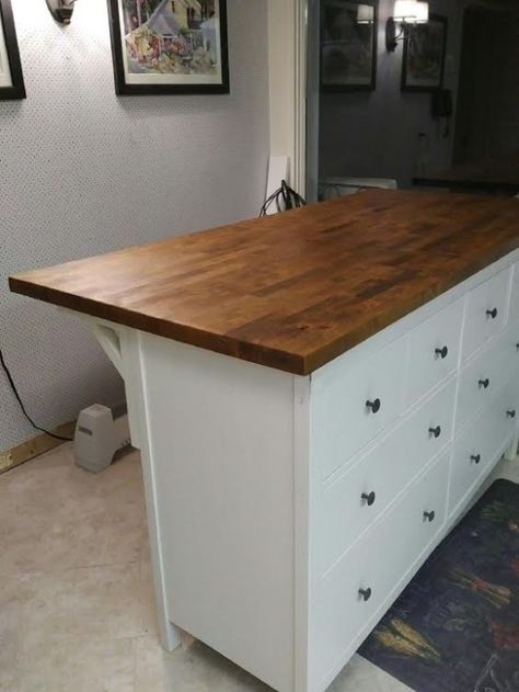 Lori puts the HEMNES 8-drawer chest to work in the kitchen.  DIY island! Ikea Kitchen Work Table, Add Countertop Cabinet, Diy Kitchen Island Bookshelf, Using Old Furniture For Kitchen Cabinets, Diy Island Bench, Tornviken Kitchen Island Hack, Ikea Tornviken Island, Ikea Kitchen Island Hack, Kallax Kitchen Island