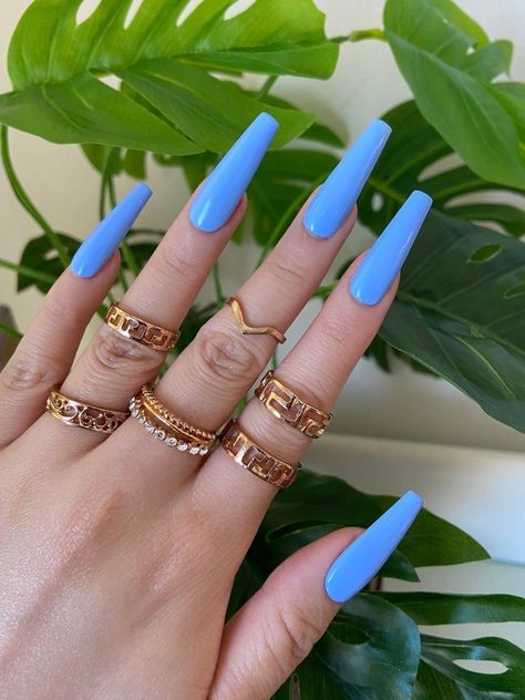 Angel Blue Coffin Nails Solid Color Nails Acrylic, Solid Nails, Rainbow Nails Design, Blue Coffin Nails, Funny Morning, Coffin Nails Matte, Solid Color Nails, Elegant Nail Designs, Blue Acrylic Nails