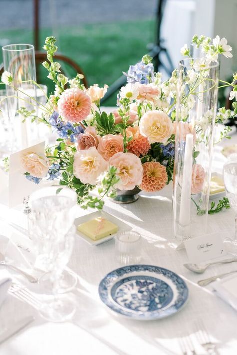 Blue Weddings Colorful June Wedding, Peach And Blue Centerpieces, Peach And Blue Flower Arrangements, Blue Peach Wedding Flowers, Peach And Blue Wedding Flowers, June Wedding Inspiration, Garden Wedding Colors, Peach And Blue Wedding, Blue And Coral Wedding