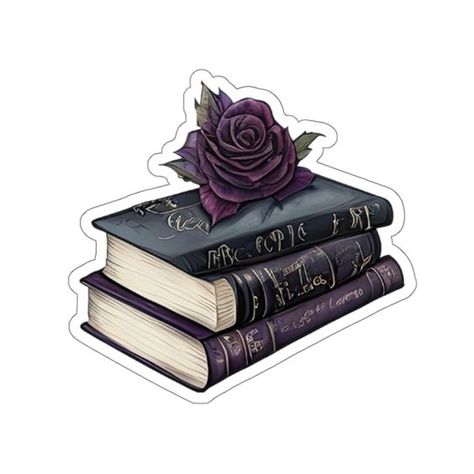 Vinyl Sticker, Dark Academia Vintage Books with Dark Rose, Decal for laptop, sticker fo #StickersAesthetic Dark Academia Stickers, Laptop Workspace, Dark Academia Book, Rose Sticker, Bookish Stickers, Dark Red Roses, Moon Icon, Gothic Design, Elegant Gothic