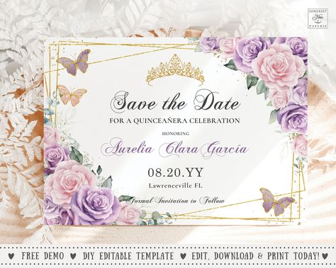 Quinceanera Save The Date Ideas, Quinceañera Ideas, Pale Pink Roses, Australia Photos, Quince Ideas, Save The Date Card, Sweet 16 Birthday, Soft Purple, Gold Crown