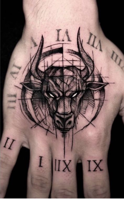 Men's Tattoo Ideas, Taurus Symbol Tattoo, Tattoo Main, Taurus Bull Tattoos, Herren Hand Tattoos, Men's Tattoo, Back Of Leg Tattoos, Fierce Tattoo, Bull Skull Tattoos