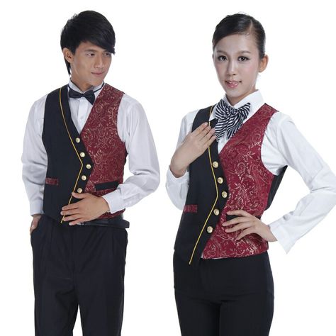 Bar Waiter Uniform, Vest Uniform, Waiter Outfit, Hotel Uniforms, Waiter Uniform, Uniform Ideas, Hotel Uniform, Chef Wear, Work Uniforms