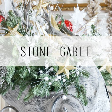 Stone Gable Stone Gable Christmas, Blue Console Table, Christmas Home Tours, Stone Gable, Entry Kitchen, Boxwood Wreath, Yarn Pom Pom, Pom Pom Garland, Christmas Favorites