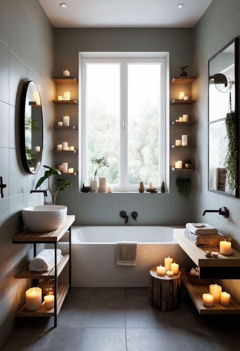 Floating shelves can display candles and spa items, adding a calming touch to your small bathroom. Find out how to style them! #FloatingShelves #HomeSpa Jacuzzi Bathroom Decor, Soaking Tub Decor, Small Spa Bathroom Ideas, Bathtub Ideas Decoration, Small Spa Bathroom, Small Full Bathroom Ideas, Full Bathroom Ideas, Jacuzzi Bathroom, Bathtub Shelf