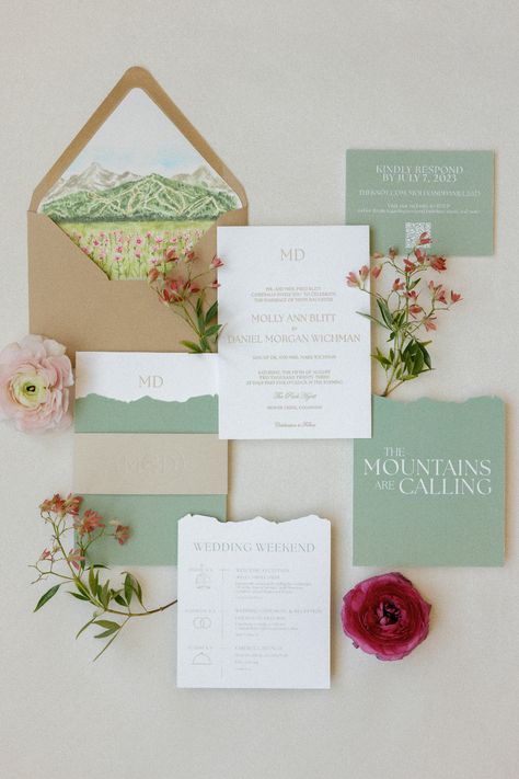 Watercolor Mountain Wedding Invitations, Aspen Wedding Invitations, Wild Flower Mountain Wedding, Coastal Mountain Wedding, Mountain Wedding Invitation Suite, Wedding Invitation Theme Design, Mountain Wedding Mood Board, Mountain Wildflower Wedding Invitations, Colorado Wedding Invitations