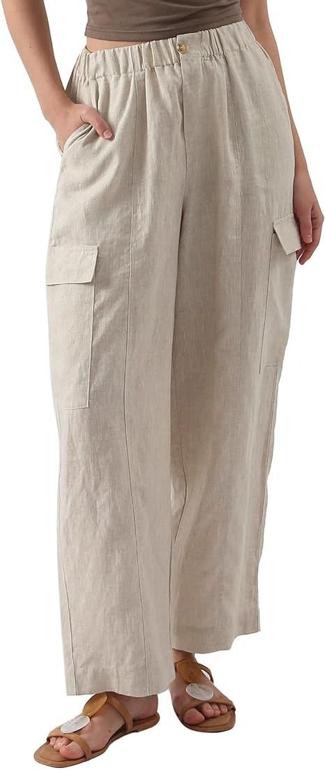 Amazon.com: Amazhiyu Womens Pure Linen Wide Leg Cargo Pants Elastic Waist Baggy Jogger with Pockets Flax, Small : Clothing, Shoes & Jewelry Wide Leg Cargo Pants, Pants Elastic Waist, Pure Linen, Cargo Pants, Shoes Jewelry, Top Styles, Elastic Waist, Fashion Branding, Topshop