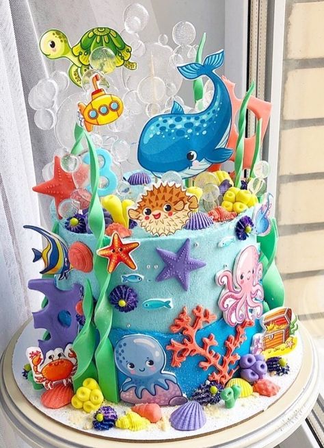 Sea Animal Cake Ocean Themes, Sea Animal Birthday Cake, Sea Animal Cake, Sea Animals Cake, Animal Cakes For Kids, Dory Birthday Cake, Under Sea Cake, Tinkerbell Birthday Cakes, Ocean Cakes