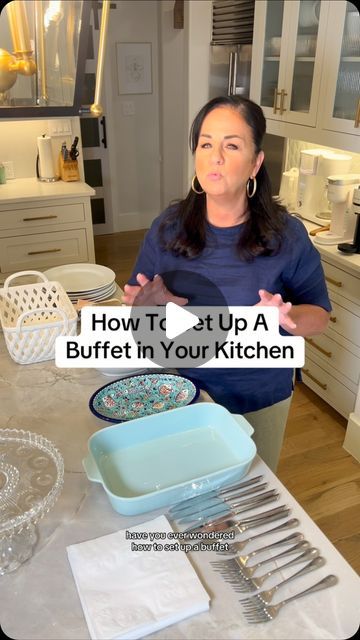 Carla Shellis on Instagram: "How to set up a buffet in your kitchen! Do you prefer a plated dinner or a buffet? #familydinner #dinner #dinnerparty #buffet #kitchen #home" Buffet Table Place Setting, Setting Up A Buffet Table At Home, Buffet Plates Display, Buffet Dinner Table Setting, How To Set Up A Buffet Table Display, Potluck Set Up Ideas, Kitchen Island Thanksgiving Buffet, Setting Up Buffet On Kitchen Island, Setting Up Buffet Table Display