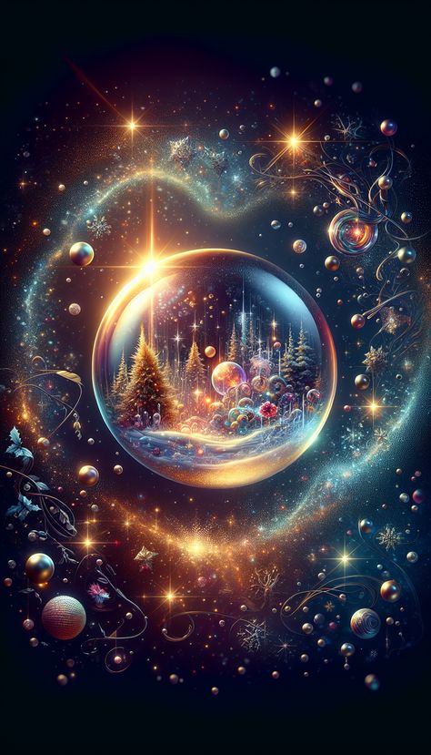 A colorful cosmic scene featuring a crystal ball with Christmas trees, surrounded by sparkling stars and various celestial orbs. Christmas Orbs, Carmen Aesthetic, Clipped Wings, Bridal Photography Poses, Pretty Phone Wallpaper, Beautiful Art Pictures, Sparkling Stars, Cozy Room Decor, Eye Makeup Art