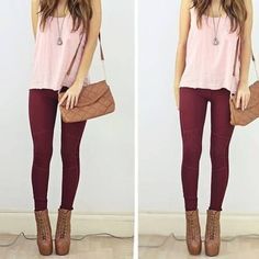 Resultado de imagen para dark red pants outfit Outfit Pantalon Vino, Maroon Pants, Looks Jeans, Light Pink Tops, Cool Summer Outfits, Outfit Mujer, Red Pants, Pink Shirt, Work Attire