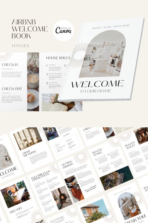 Create an Airbnb welcome book with zero hassle. This Airbnb welcome book template, in a boho style, will impress and inform your guests. Edit this handy Canva template with custom text, images, colours and more to create an on-brand Airbnb welcome book. Save time and money as an Airbnb host starting out or as a superhost. This Airbnb guestbook is suitable to email prior to check in. Or place a printed welcome book in your property. Either way, this welcome guestbook will impress guests. Boho Airbnb, Airbnb Templates, Airbnb House Rules, Host Tips, Airbnb Welcome Book Template, Airbnb Welcome Book, Airbnb House, Book Templates, House Names