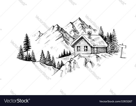 Mountain Cabin Tattoo, Cabin In The Woods Tattoo, Cabin In The Woods Drawing, Cabin Sketch, Cabin Tattoo, Drawn Mountains, Cabin In Winter, Landscape Vector Illustration, Wood Tattoo