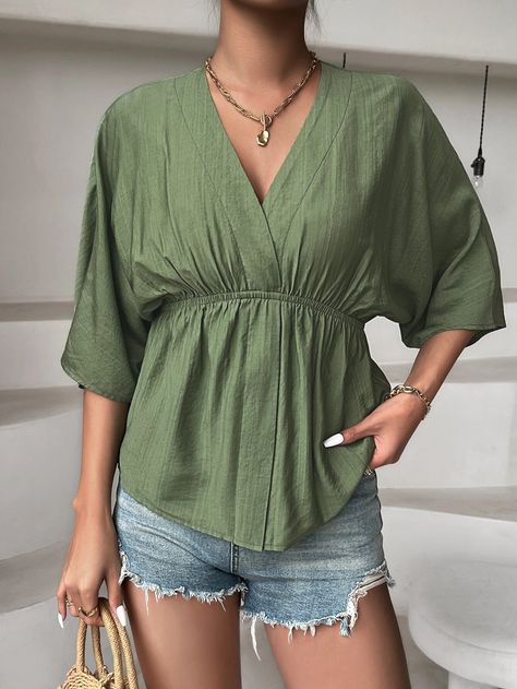 Surplice Front Batwing Sleeve Blouse | SHEIN Dress Sites, Batwing Sleeve Top, Batwing Sleeve Blouse, Batwing Blouse, Latest Tops, Outfit Hijab, Long Puff Sleeves, Kimono Sleeve, Dressy Casual