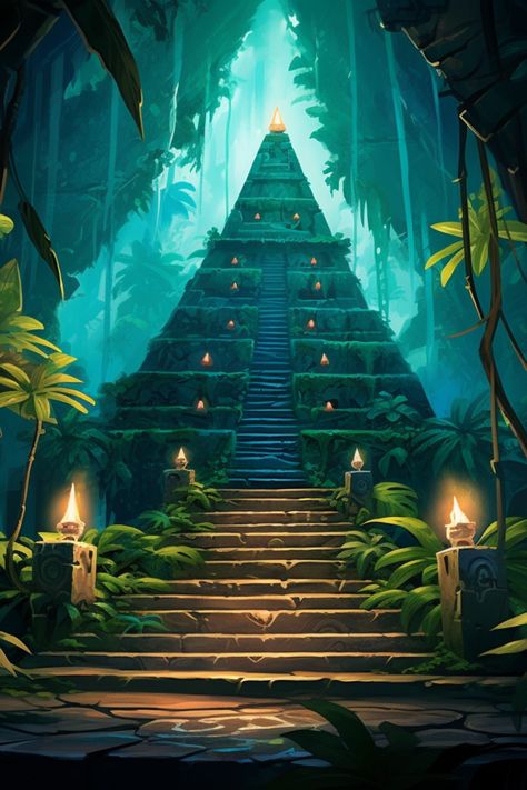 Try this in Midjourney imagine you are in a secret cavern underneath a pyramid surrounded by a jungle. T lightfrom the cavern is a purle light that glows and shows the path down into the inner depths. The jungle has a soft mist in the air. The art style is disney pixar #pyramid #jungle #aigenerated #midjourney Temple Game, Treasure Games, Jungle Temple, Forest Games, Jungle Tree, Step Pyramid, Jungle Art, Free Hand Drawing, Iphone Wallpaper Quotes Love