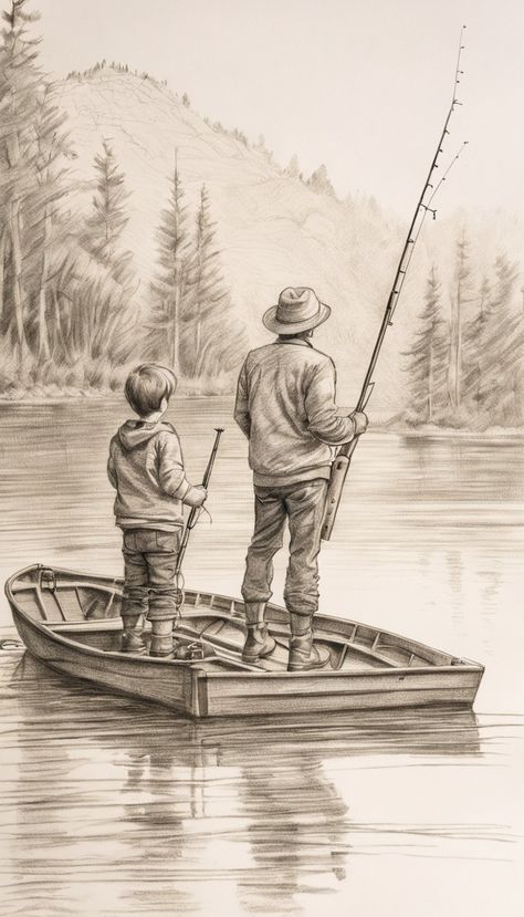 Drawings That Tell A Story, Nature Art Drawings Creative, Detailed Art Drawings, Fishing Boat Drawing, Fishing Drawings, Outdoor Drawing, Nature Sketches Pencil, Fishing Drawing, Hunting Drawings