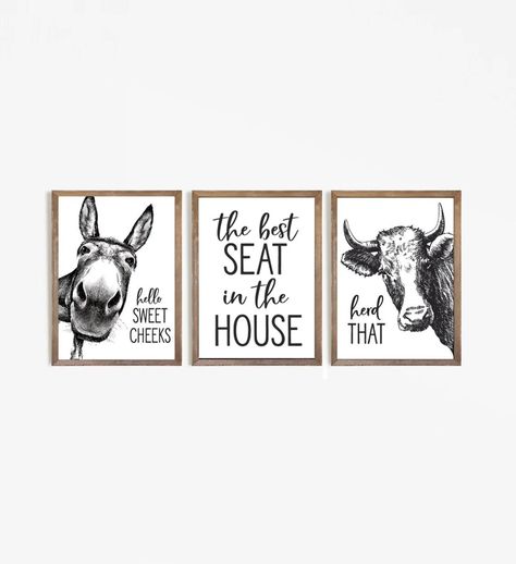 Set of 3 Bathroom Wall Art: Donkey Best Seat Cow Custom - Etsy Bathroom Wall Decor Farmhouse, Cow Bathroom, Fancy Bathroom, Funny Bathroom Art, Shop Bathroom, Wall Decor Farmhouse, Hello Sweet Cheeks, Sweet Cheeks, Kids Bathroom