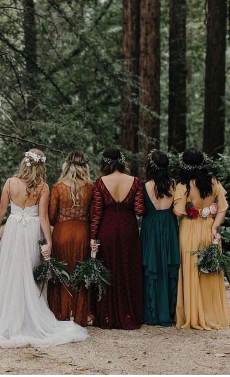 Swoon-worthy Woodland Wedding Inspirations Bohemian Bridesmaid Dress, Woodland Wedding Inspiration, Bohemian Bridesmaid, Fall Wedding Color Schemes, Orange Bridesmaid, Fall Bridesmaids, Fall Bridesmaid Dresses, Mismatched Bridesmaids, Mismatched Bridesmaid Dresses