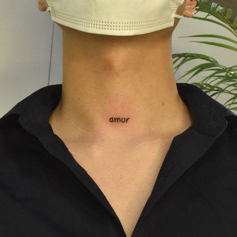 Minimalist Tattoo Neck Men, Small Front Neck Tattoos For Women, 111 Tattoo Neck, Word Neck Tattoos Women, Neck Writing Tattoo, Small Throat Tattoos Women, Men Neck Tattoo Ideas, Front Neck Tattoo For Guys, Men Neck Tattoo