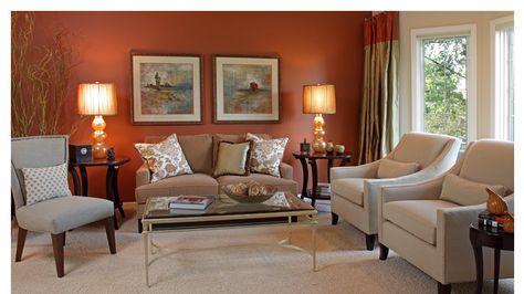 Rust colored living room Paul Miller, Living Room Wall Color, Room Wall Colors, Living Room Warm, Living Room Orange, Living Room Color Schemes, Trendy Living Rooms, Room Paint Colors, Room Color Schemes