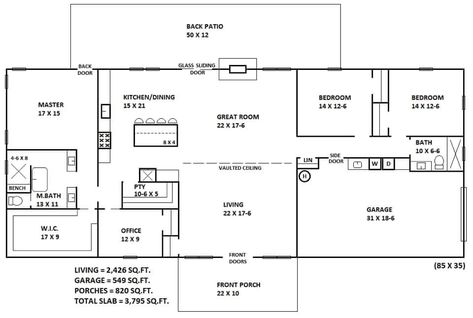 Rectangle House Layout, Ranch Barndominium, Rectangle House Plans, Barndo House, Rectangle House, Architect Ideas, Cherry Farm, Modular Home Plans, Tropical Living Room