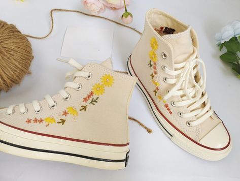 Embroidered Converse/Converse High Tops/Converse Floral Embroidery Shoes/ Custom Yellow Flower Strip/ Embroidery Logo Bear Floral Embroidery Shoes, Converse Floral, Embroidered Shoes Converse, Custom Vans Shoes, Embroidered Converse, Wedding Converse, Wedding Sneakers, Embroidery Shoes, Shoes Converse