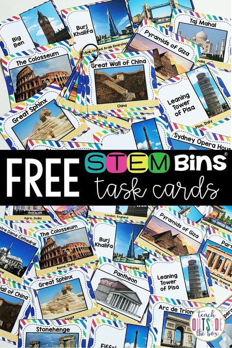 Try a FREE sample of International Landmark Task Cards for STEM Bins! Elementary STEM Challenges | STEM Activities for Kids Elementary Stem Challenges, Stem Task Cards, Stem Challenges Elementary, Makerspace Elementary, Stem Bins, Stem Boxes, Task Cards Free, Stem Activities For Kids, Elementary Stem